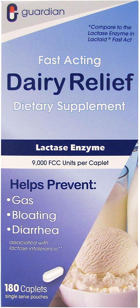 Guardian Dairy Relief Fast Acting Lactase, 180 Caplets, 9000 FCC Maximum Strength, Lactose Intolerance Pills, Lactase Enzyme (180 CT)