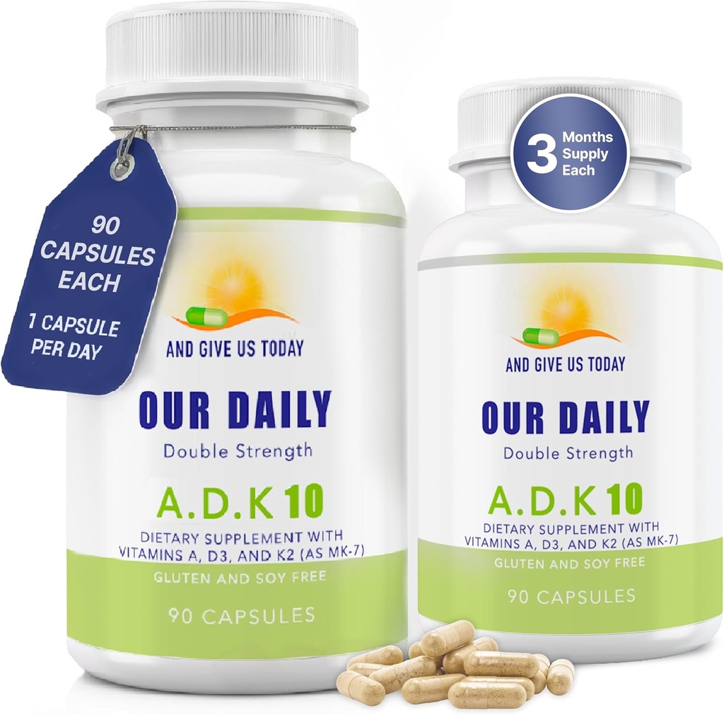 Daily Vites, ADK 10 Vitamin Supplement – 180 Capsules – High Potency Vitamin A, D3 10,000 IU & K2-MK7 – Physician Formulated for Bone, Heart & Immune Support – Non-GMO, Gluten Free (2 Pack)