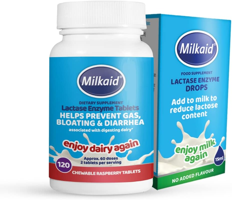 Milkaid Lactase Enzyme Drops Tablets for Lactose Intolerance Relief | Prevents Gas, Bloating & Diarrhea | Dairy Digestive Supplement | 0.5 Fl Oz & 120 Raspberry Flavored Tablets