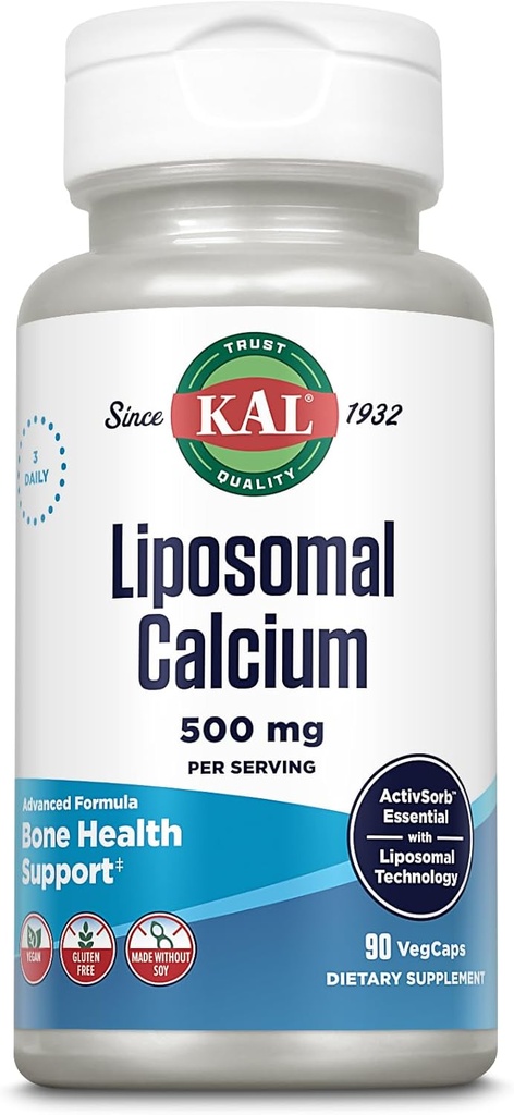 KAL Liposomal Calcium 500 mg, High Absorption Calcium Supplement, Essential Calcium Support, Vegan, Gluten Free, No Soy, 30 Servings, 90 VegCaps