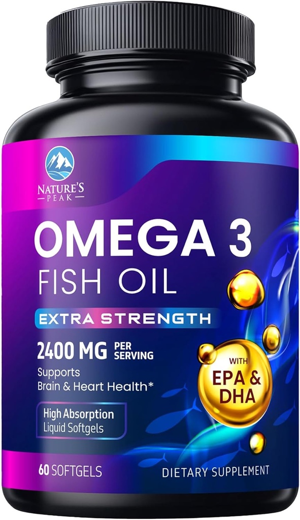 Omega 3 Fish Oil 2400 mg Supplement, Sustainably Sourced, Triple Strength Omega-3 Supplement Softgels, Brain Health Support, EPA & DHA Fish Oil Fatty Acids Supplements, Gluten & GMO Free, 60 Softgels