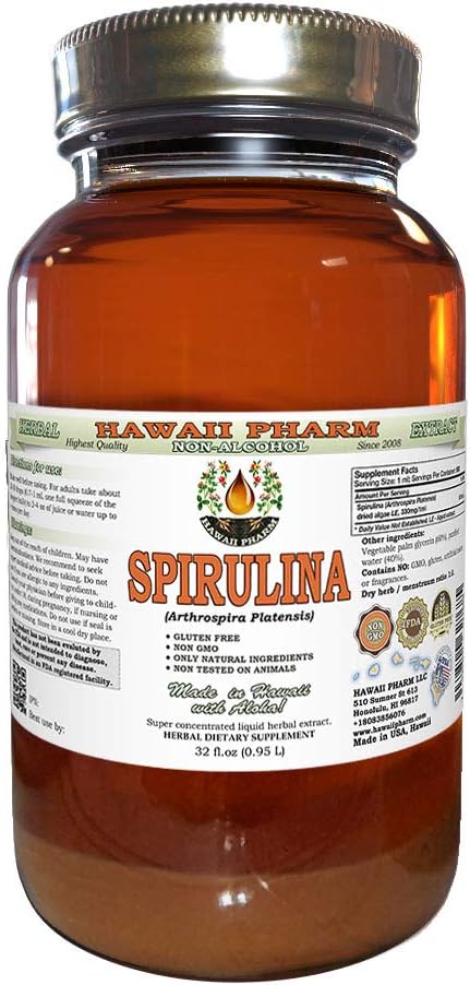 Spirulina Alcohol-Free Liquid Extract, Organic Spirulina (Arthrospira platensis) Dried Algae Glycerite Natural Herbal Supplement, Hawaii Pharm, USA 32 fl.oz