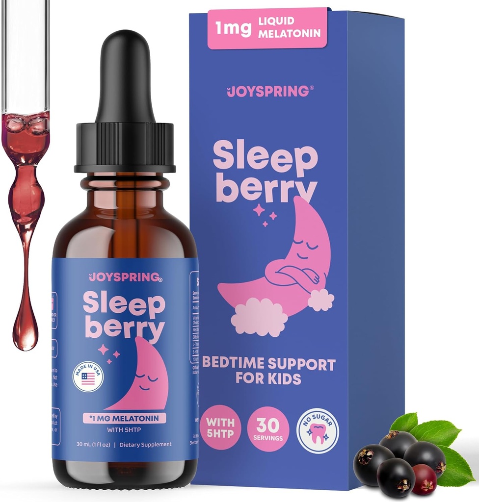 JoySpring Melatonin 1MG for Kids | 5HTP & L-Theanine – Sugar-Free Liquid Melatonin for Kids & Teens – Child-Friendly Sleep Supplement (1 fl oz)