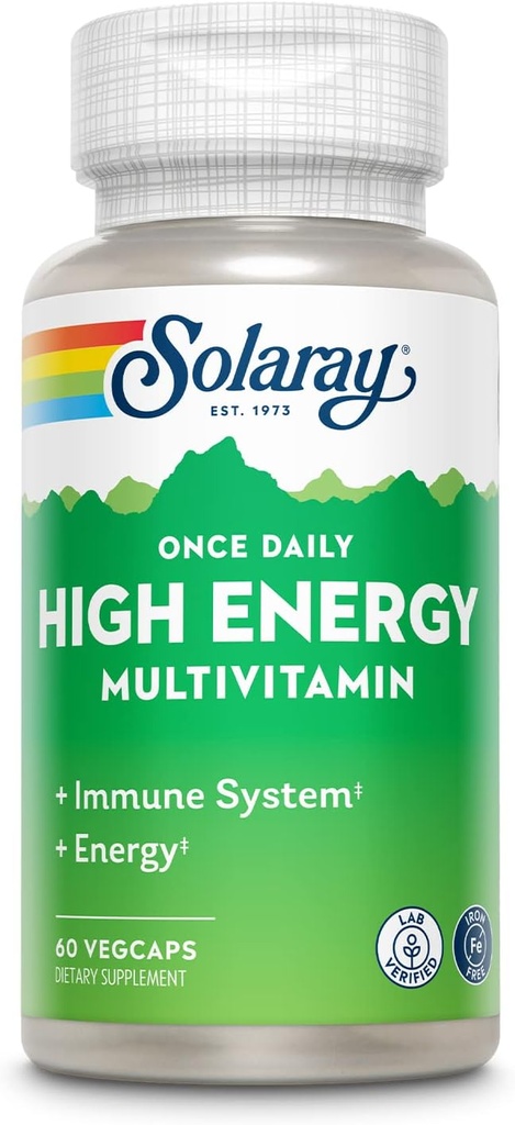 SOLARAY Once Daily High Energy Multivitamin, w/No Iron | Complete Multi w/Whole Food & Herb Base | Non-GMO | 60 VegCaps
