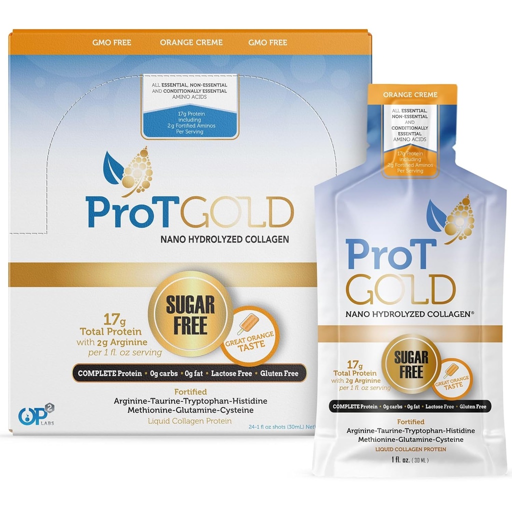 ProT Gold Liquid Collagen Protein Shot, 17g Clear Protein Nano-Hydrolyzed Grass Fed Collagen, 2g Arginine for Wound Support, Gluten Free, Sugar Free, 0g Carbs, Orange Creme, 1 fl oz, 24 Pack