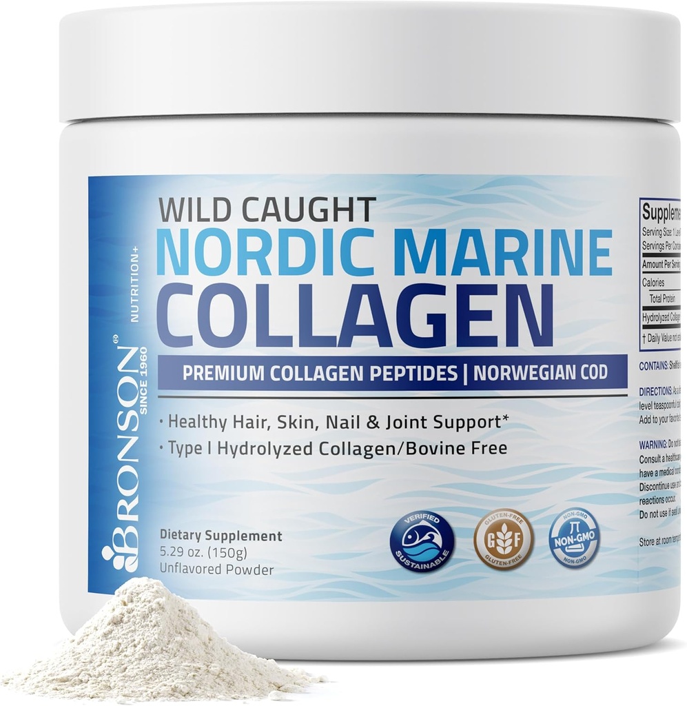 Bronson Marine Collagen Peptides Hydrolyzed Protein Powder 100% Wild Caught Nordic Cod Verified Sustainable Source for Joints Skin Hair Nails & Bones 150g (5.29oz)