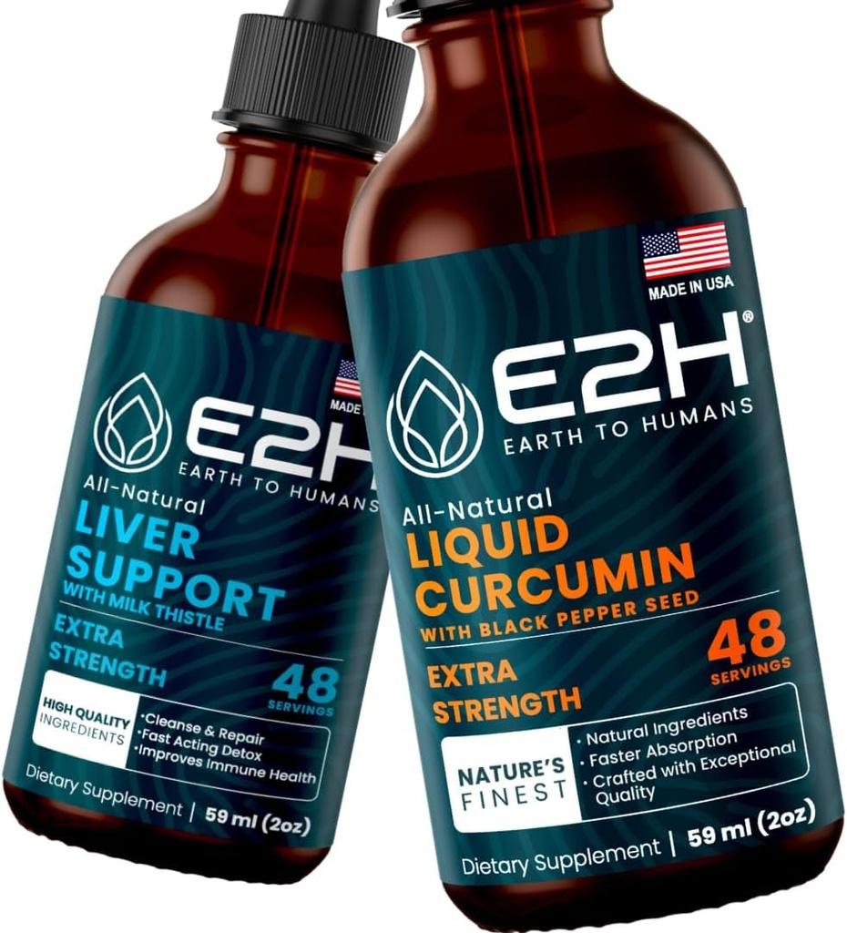 E2H: Liver Support Supplement and Liquid Turmeric Curcumin | Vegan, Non-GMO - 2 Fl Oz Each (4 Fl Oz Total) - Bundle