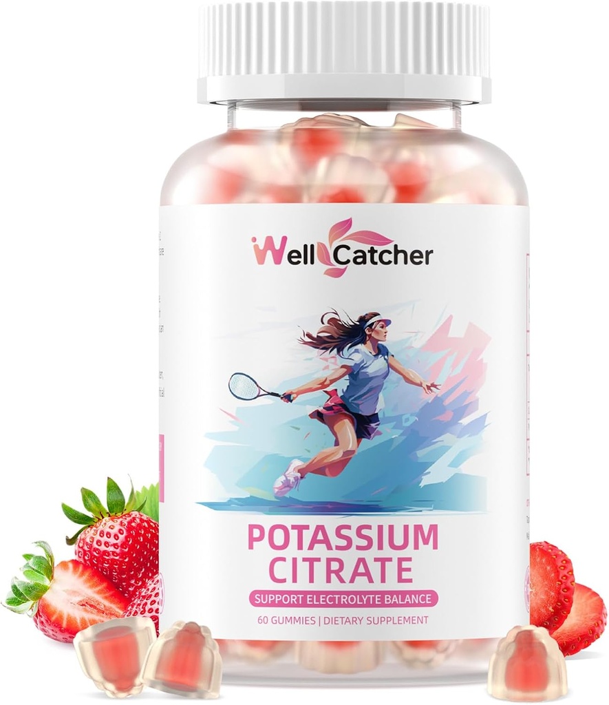 Potassium Gummies Supplement Men Women - High Potassium Citrate Gummies Sugar Free for Adults Kids Support Leg Cramps Electrolyte Balance Vegan Non-GMO Organic Strawberry Flavor 60 Counts