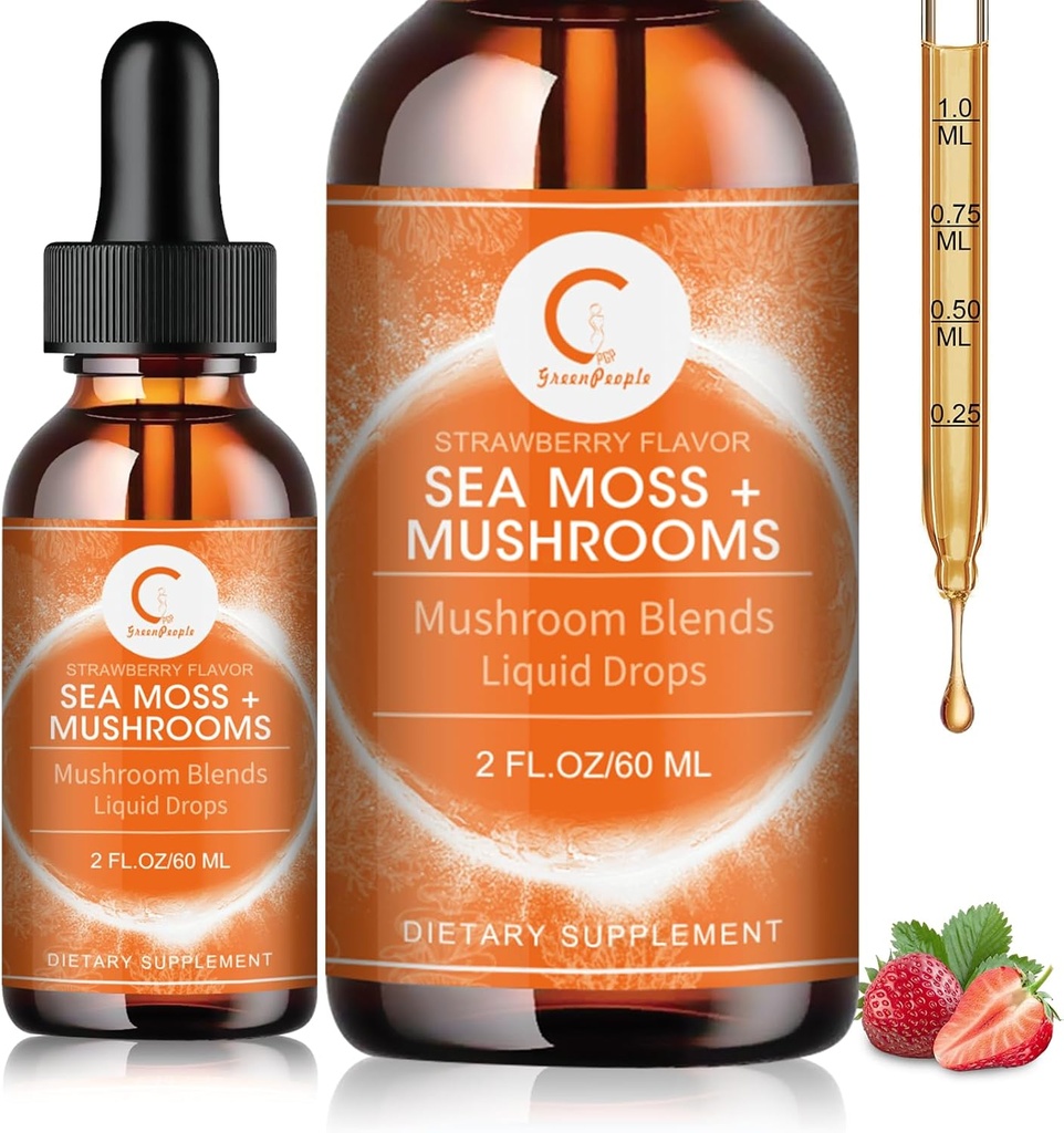 Sea Moss & Mushrooms Liquid Drops, Lions Mane Supplement with Irish Sea Moss & Cordyceps etc, Support for Memory, Focus & Clarify, Immune and Digestive Health, Non-GMO, Strawberry Flavor, 2 FL OZ