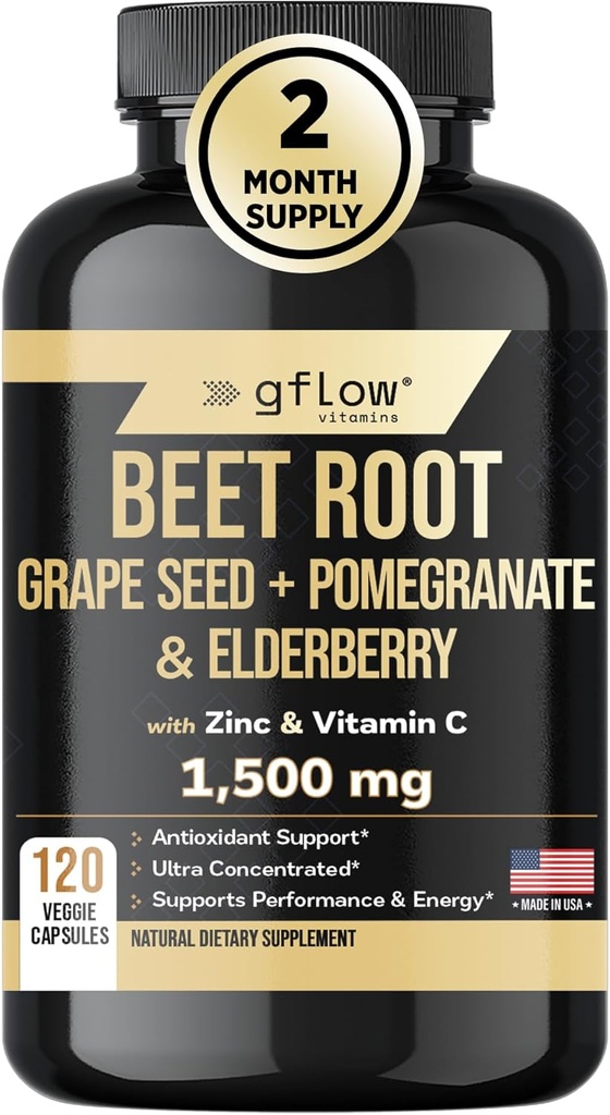 Beet Root Capsules Extract - High Concentrated Formula, Elderberry with Vitamin C, Zinc, Pomegranate, Grape Seed, Nitric Oxide Supplement - Non-GMO, USA Made - 2 Months Supply