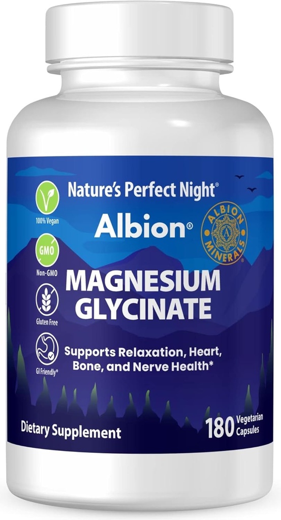 Nature’s Perfect Night | Magnesium Glycinate | 180 Veggie Caps | 100% Chelated | Albion Gold Medallion | GI Friendly | Non-GMO | Gluten Free | Supports Relaxation, Heart, Bone, and Nerve Health |