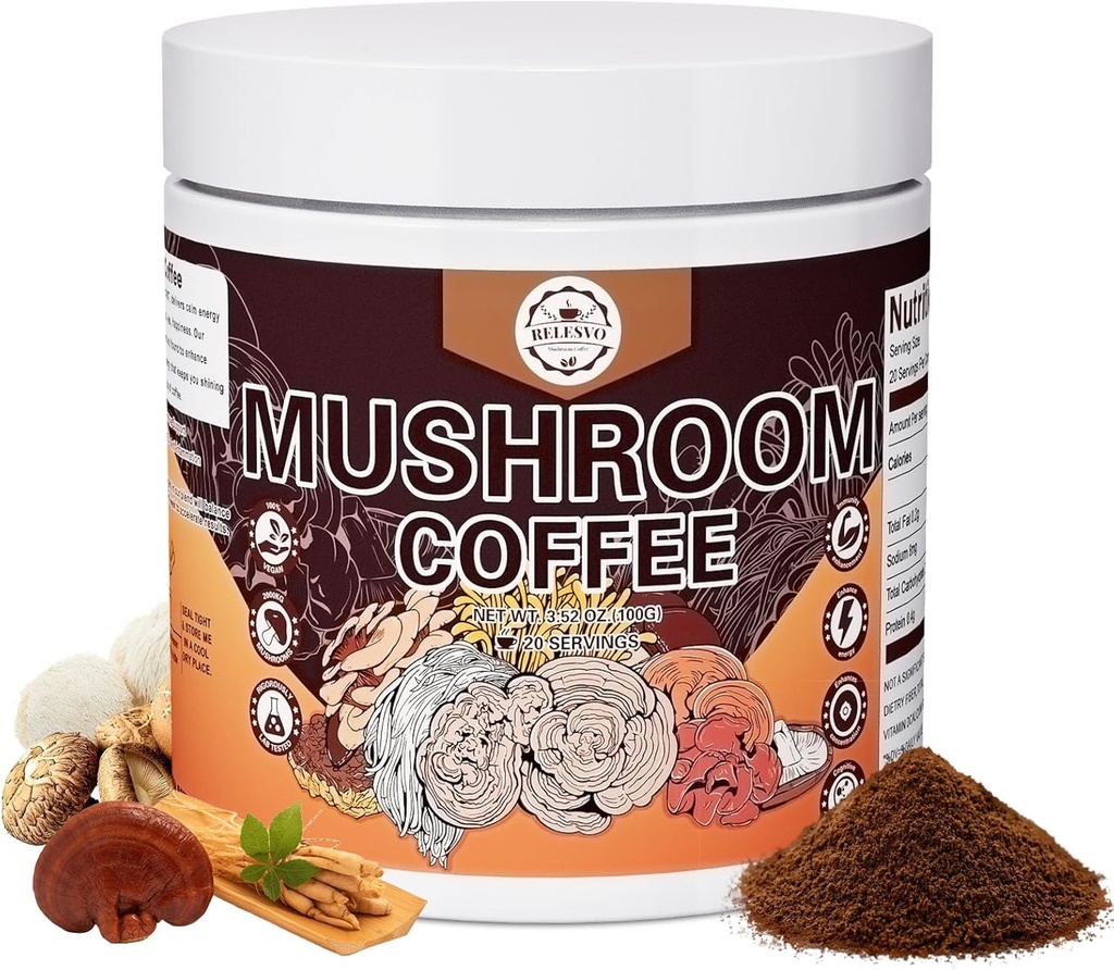 Mushroom Coffee, Instant Mushroom Coffee Mushroom Powder Blend (20 Servings) with Cordyceps, Reishi, Lion's Mane, Shiitake, King Trumpet, Mushroom Supplement for Energy, Focus, Immune Support