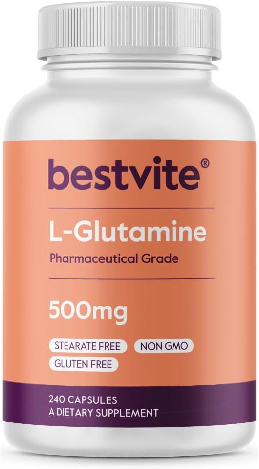 BESTVITE L-Glutamine 500mg per Capsule (240 Capsules) - No Dicalcium Phosphate - No Stearates - Non GMO - Gluten Free - Gut Health Support