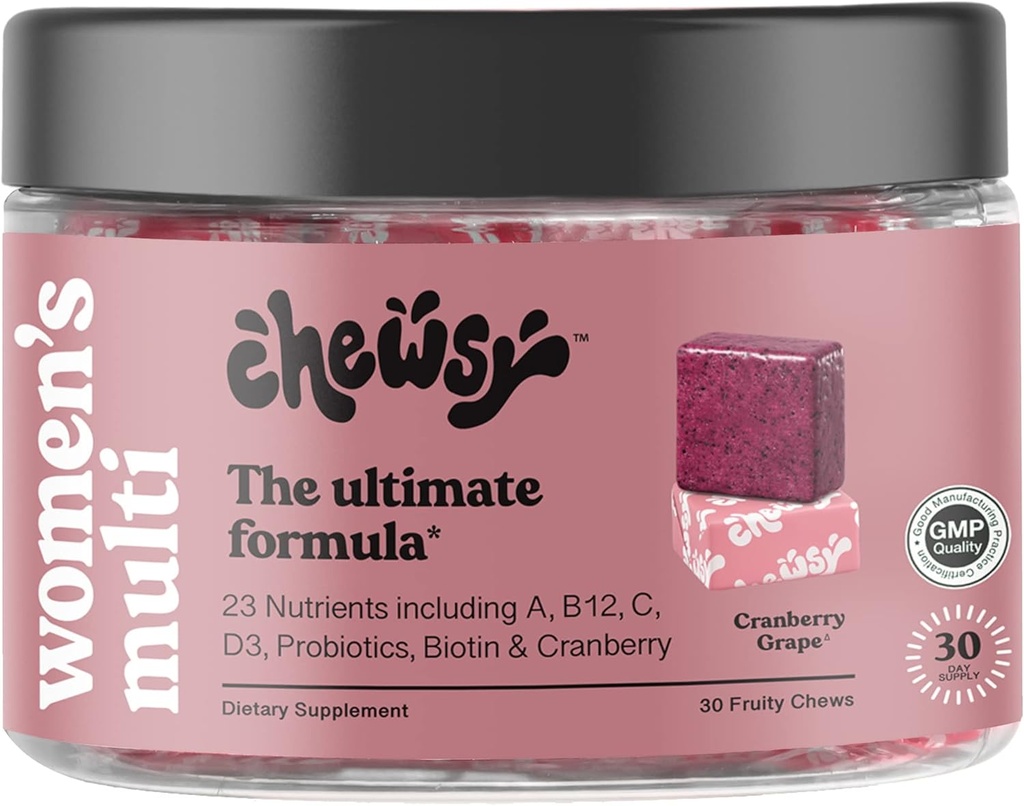 CHEWSY Women's Multivitamin - Immune & Energy Support - 23 Nutrients Including A, B12, C, Folic Acid, Probiotics, Biotin, Cranberry - 30-Day Supply