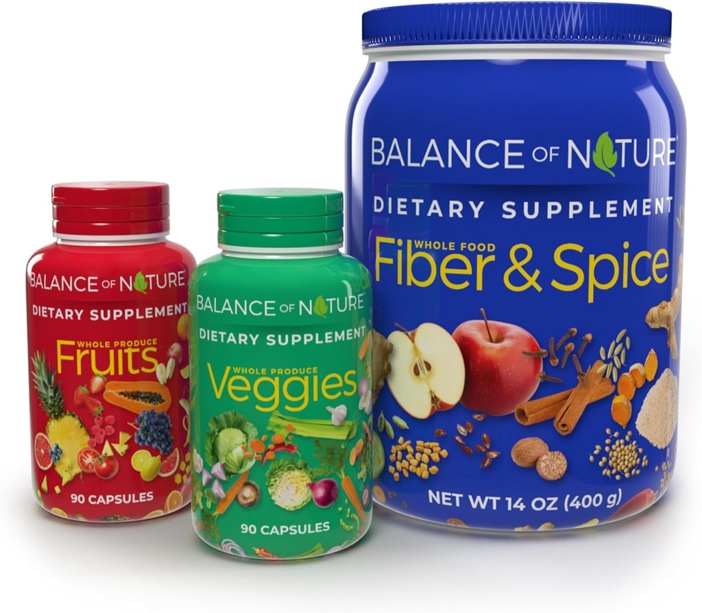 Balance of Nature Whole Health System - Whole Food Fruits & Veggies and Fiber & Spice Supplements - 30 Servings Each