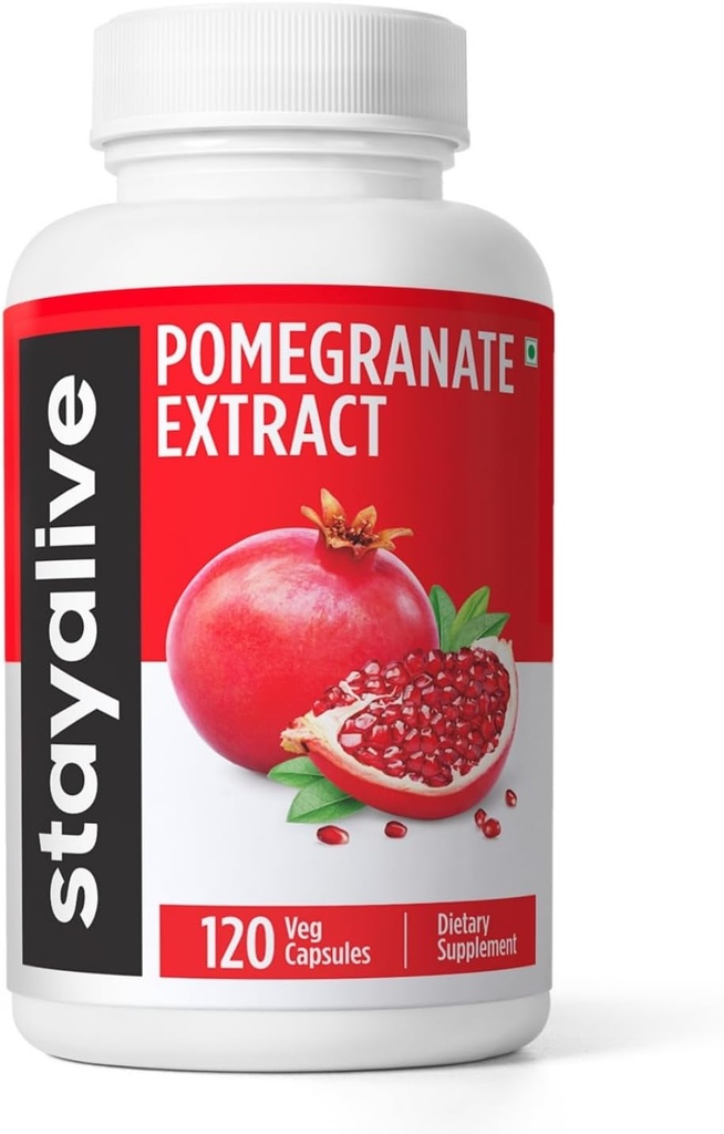 STAY ALIVE Pomegranate Extract Capsules, 20:1 Super Extract with 40% Ellagic Acid, 120 Count, Extra Strength Powder, All Natural Non-GMO and Gluten-Free Pomegranate Supplement for Women and Men