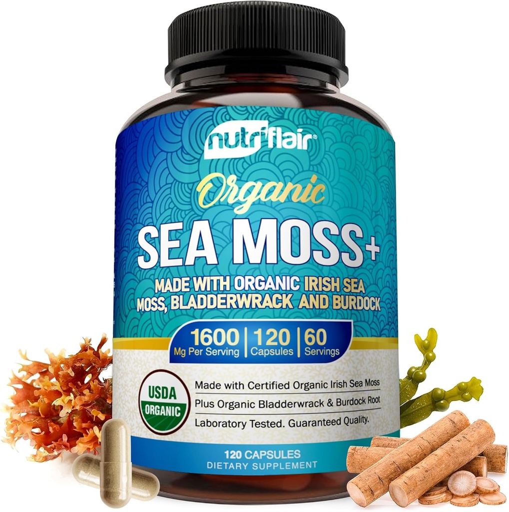 NutriFlair Organic Sea Moss 1600mg, 120 Capsules Plus Bladderwrack & Burdock - Prebiotic Super Food - Immune System & Digestive Health - Thyroid, Healthy Skin, Keto Detox, Gut