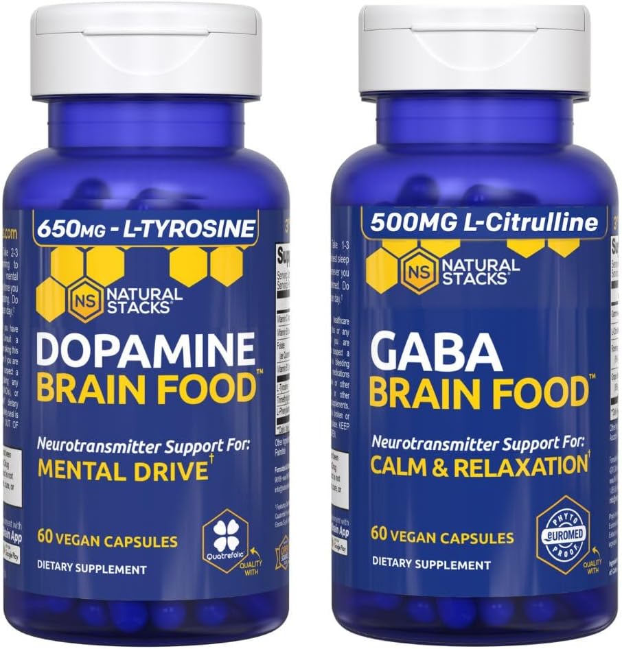 NATURAL STACKS Dopamine & GABA Brain Food Bundle - Supports Mental Drive, Calmness & Relaxation* - 120 Total Capsules