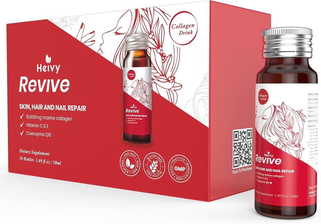 Heivy Liquid Collagen for Women, Collagen Drink with 10,000mg Marine Collagen Peptides, Collagen Liquid for Women for Hair Growth, Skin Repair, Nail Strength, 1.69 Fl Oz (Pack of 10)