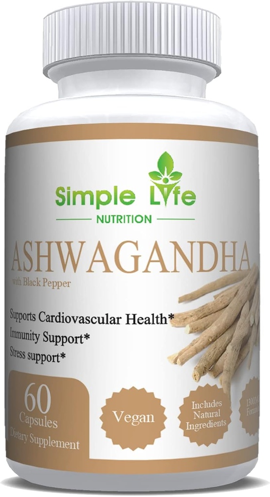 Organic Ashwagandha - Max Strength 1300MG Vegan Capsules - 100% Pure Non GMO Root Powder with Natural Black Pepper 60CT