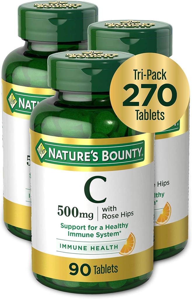 Nature's Bounty Vitamin C Supplement with Rose HIPS, Supports Immune Health, 500 mg Tablets, 500 mg, 90 Count, Pack of 3