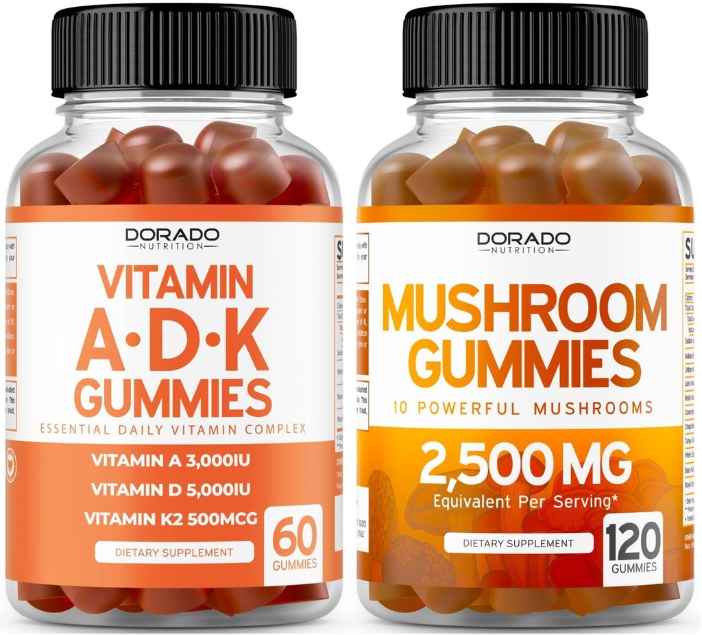 ADK Vitamin D3 K2 (60 Gummies) D & K - 10 Vegan Supplement with Raspberry Flavor and Mushroom 10 in 1 Blend (120 Gummies) Focus & Brain Mushroom Supplement for Adults - Vegan Safe & Made in USA