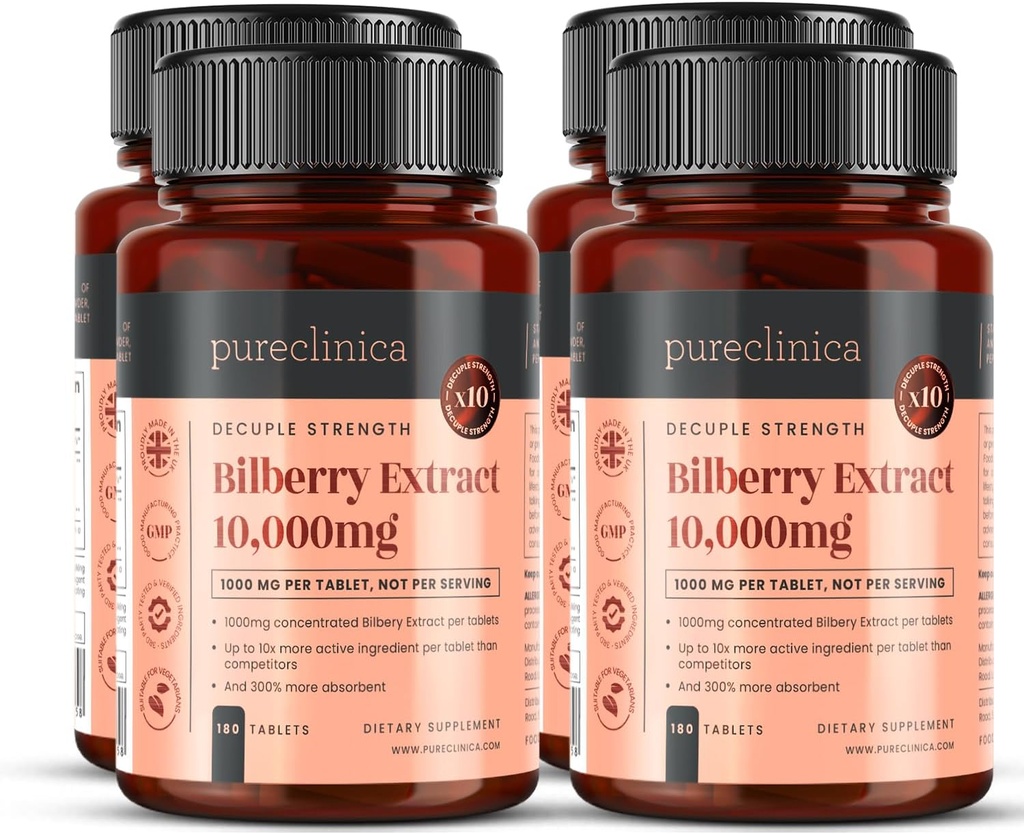 pureclinica Bilberry Extract 10,000mg x 720 Tablets (4 Bottles) - 10 X More anthocyanidins per Tablet Than Most Others