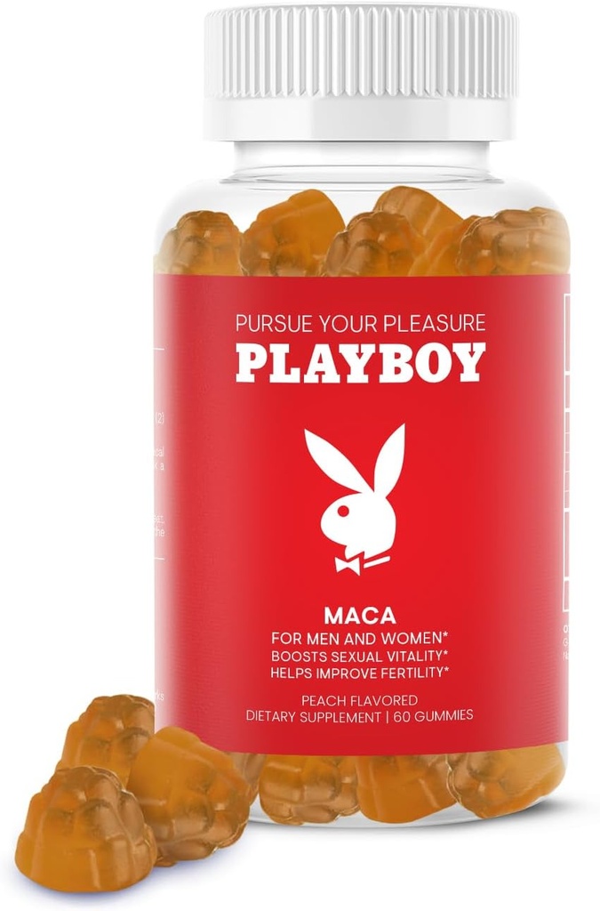 Playboy - Maca Root Gummies for Women and Men (60 Count - Peach Flavored) - Boost Sexual Vitality, Libido, Fertility - Supplement - 100% Natural, Vegan Non GMO - 4:1 Extract Maca Peruana
