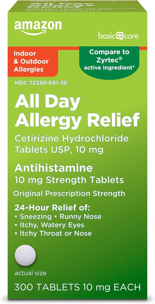 Amazon Basic Care 24 Hour Allergy Relief, Cetirizine Hydrochloride Tablets, 10 mg, 300 Count (Packaging may vary)