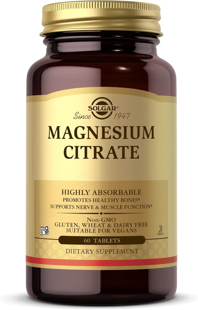 Solgar Magnesium Citrate - 60 Tablets - Supports Nerve & Muscle Function - Highly Absorbable - Non-GMO, Vegan, Gluten Free, Kosher - 30 Servings