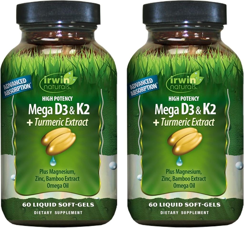 Irwin Naturals High Potency Mega D3 & K2 + Turmeric Extract — 60 Liquid Soft-Gels - 2 Pack
