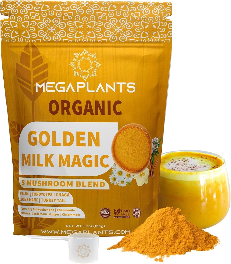 Golden Milk Magic (50 Servings) | Superfood 5 Mushroom Blend for Sleep, Relaxation, Relief | Turmeric, Ashwaghanda, Valerian, Chamomile + 5 Mushroom Blend | Smoothie, Hot Beverage