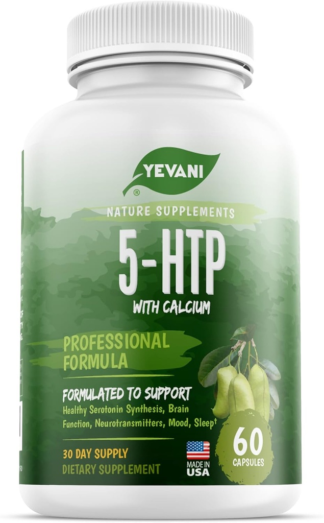 100% Pure 5-HTP Formula with Calcium for Mood, Stress, and Sleep Supplement for Adults - Neurotransmitter Support - 5-Hydroxytryptophan - 60 Capsules, 30 Servings