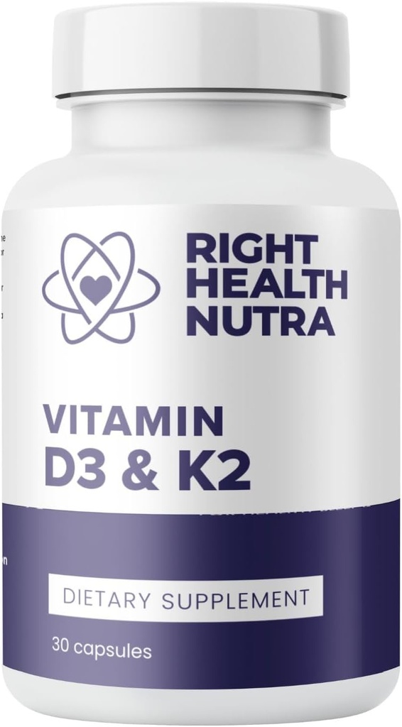 Right Health Nutra Vitamin D3 + K2 Supplement – 30 Capsules – 125 mcg Vitamin D3 & 200 mcg K2 as MK-7 – High Absorption Formula – Made in USA