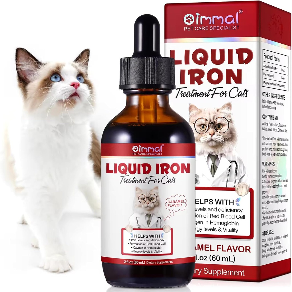 Liquid Iron Supplements for Cats and Kittens - with Folate and B12 – Supplements Anemia, Promotes Blood Health, Oxygen Supply and Blood Cell Formation – Increase Low Energy Levels – Lethargy - 2 oz