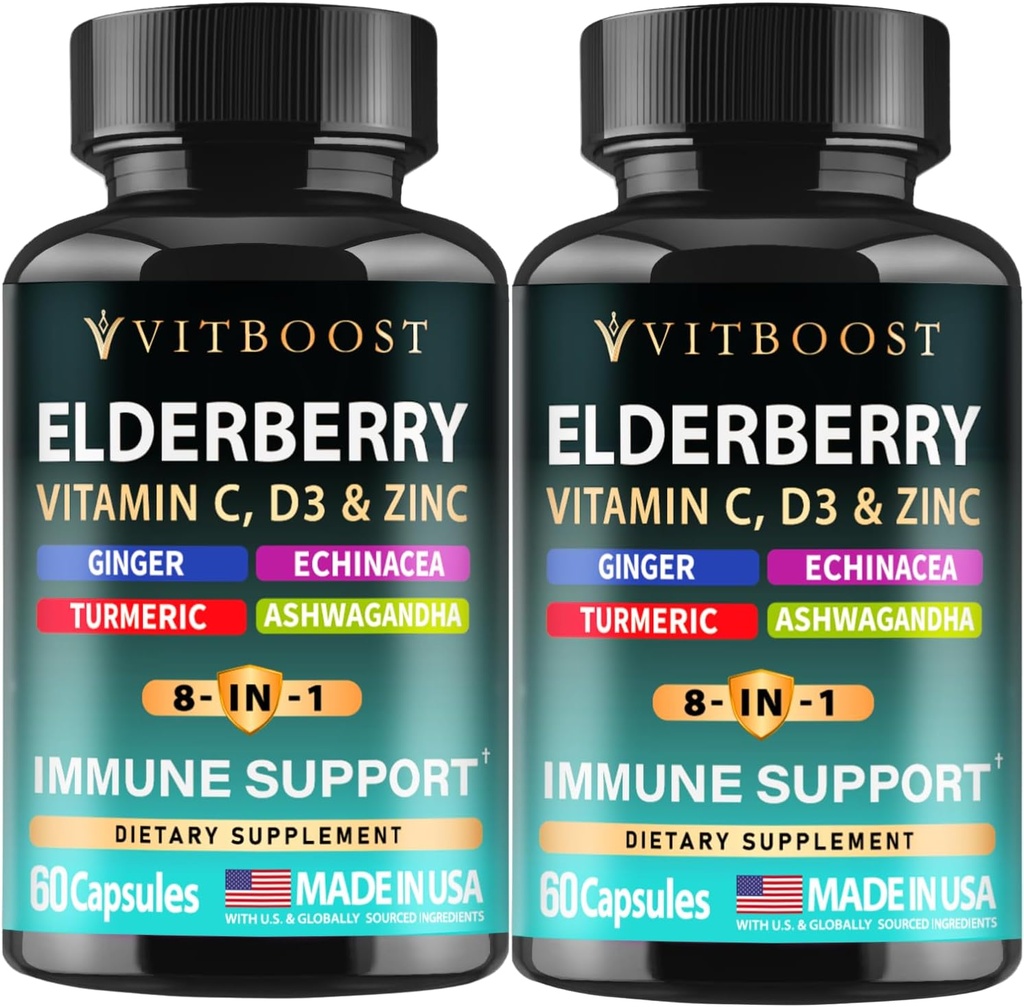 2 Pack Elderberry Immune Support Supplement 8-in-1 Formula with Echinacea, Vitamin C & Zinc, Vitamin D 5000 IU, Turmeric, Ginger, Ashwagandha – 60 Capsules Each