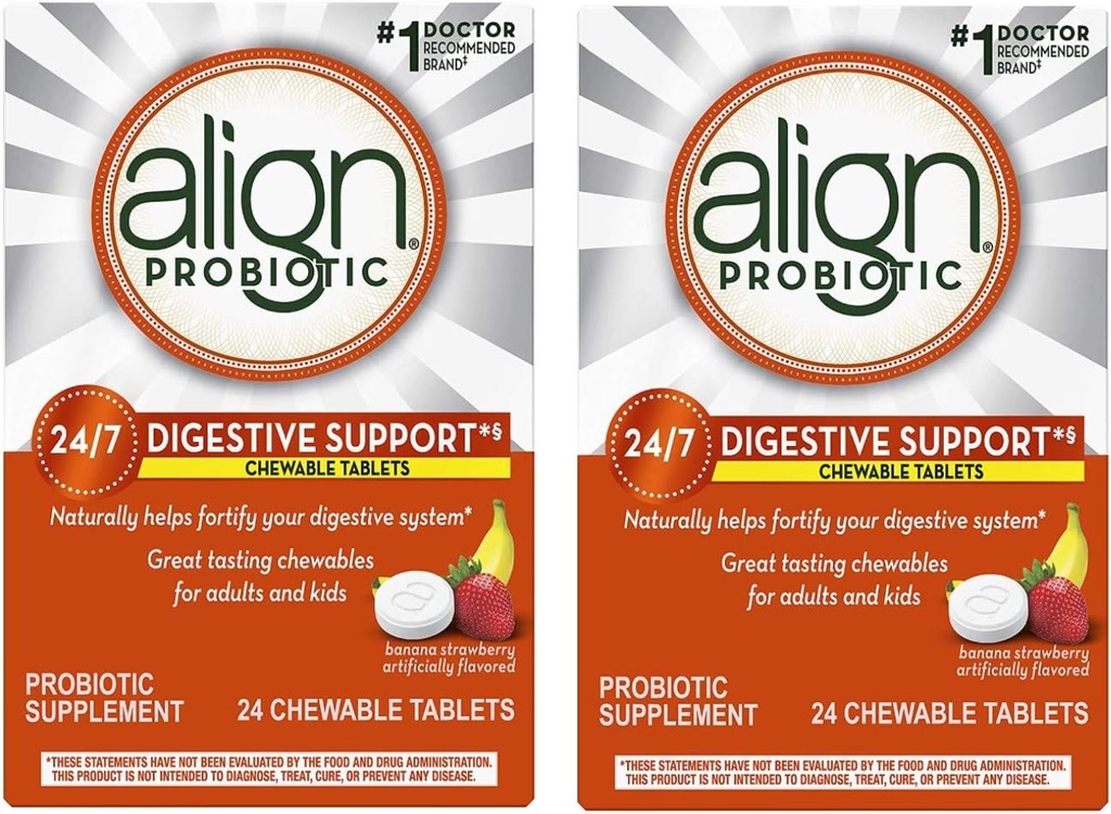 Align Probiotic Supplement Chewable Tablets Banana Strawberry Smoothie - 24 ct, Pack of 2