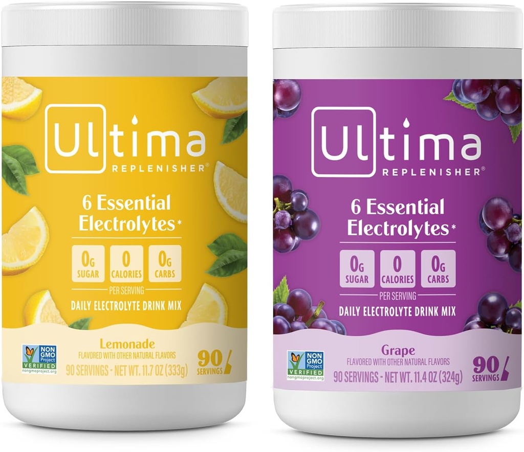 Ultima Replenisher Electrolyte Powder Drink Mix Bundle – Sugar Free – Lemonade and Grape, 90 Servings – Hydration Powder - 6 Key Electrolytes and Trace Minerals – Keto Friendly, Non-GMO