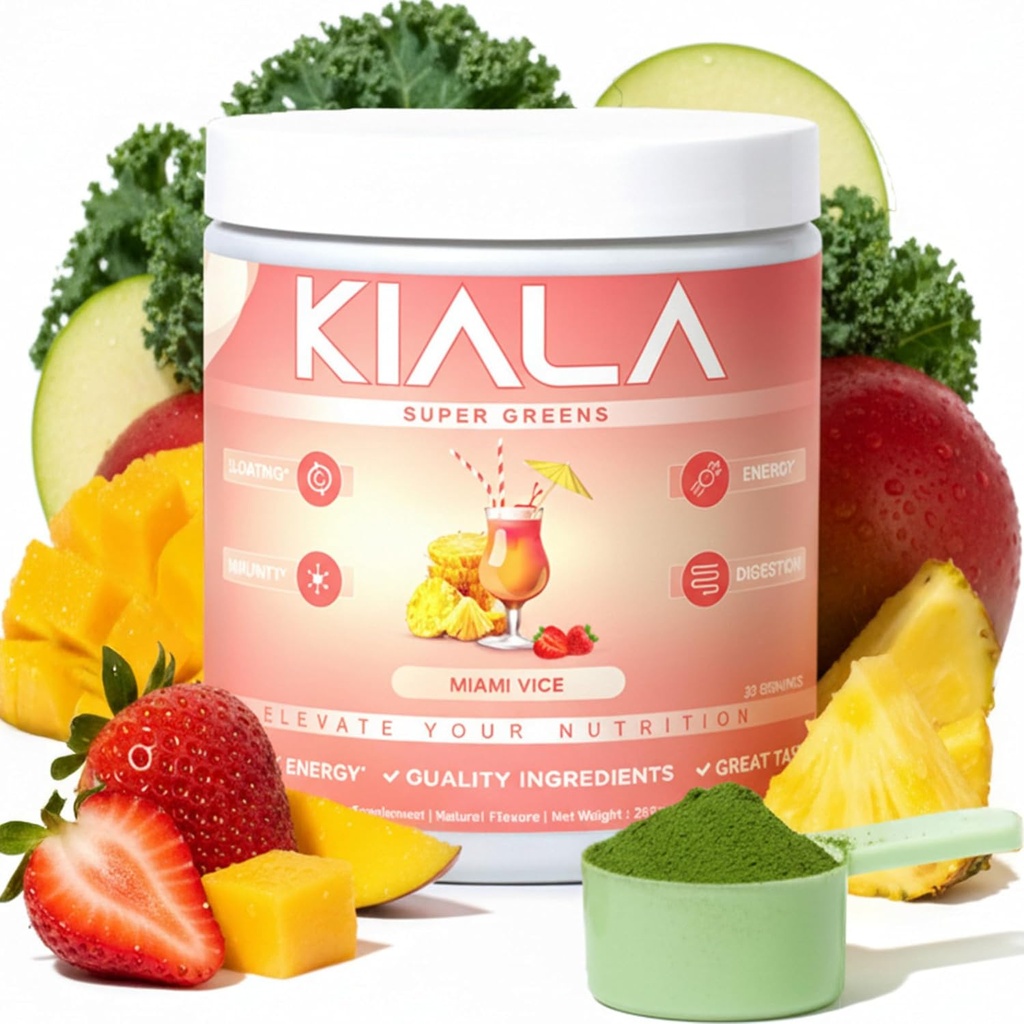 Kiala Nutrition Super Greens, Organic Greens Powder with Spirulina & Chlorella for Digestion, Gut Health, Immunity, Energy, Gluten Free, Vegan, Sugar Free, Spectra Blend, Miami Vice Flavor 30 Servings
