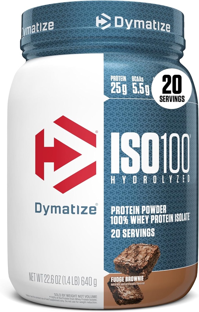 Dymatize ISO100 Whey Protein Powder Isolate, Fudge Brownie, 25g of Protein, 5.5g BCAAs, Less Than 120 Cal., Gluten Free, 1g Fat, 1g Sugar, 2g Carb (20 Servings)