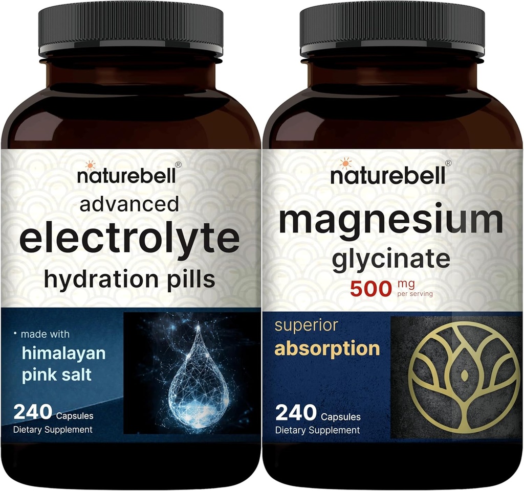 NatureBell Magnesium Glycinate Capsules 500mg & Advanced Electrolyte Hydration Pills Bundle Pack | Chelated & Purified Mineral | Fast Hydrating Keto Electrolytes