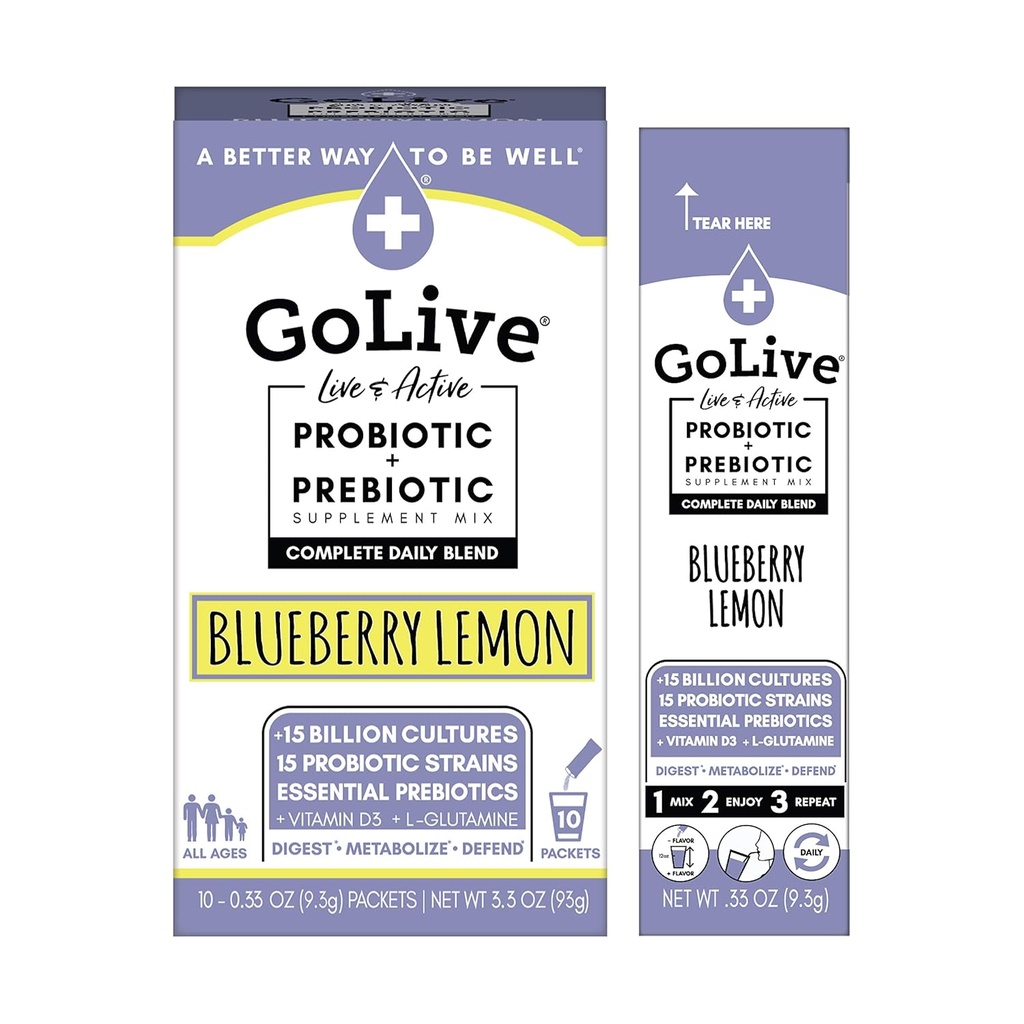 GoLive BLUEBERRY LEMON Synbiotic (Probiotics + Prebiotics) for Adults & Kids; +15 Billion CFUs; 15 Clinical Strains. Formulated and Recommended by MDs and RDs for Digestion, Metabolism, Immunity