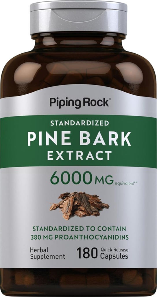 Piping Rock Pine Bark Extract Capsules | 6000 mg | 180 Capsules | Standardized Supplement | Non-GMO, Gluten Free