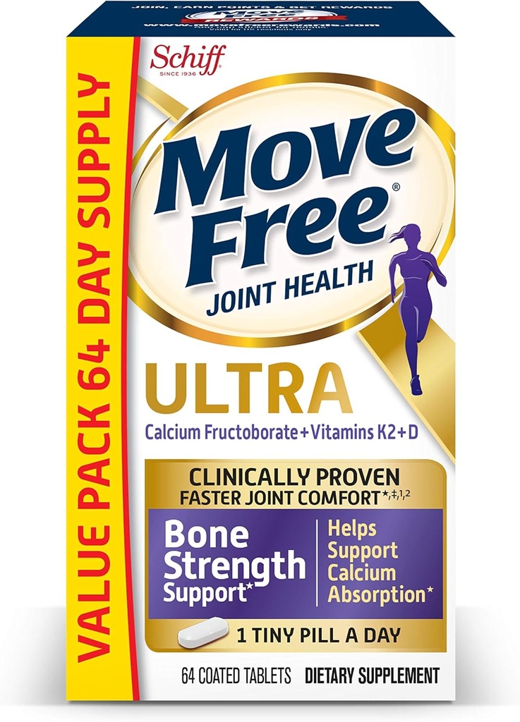 Vitamins D & K2 + Calcium Fructoborate Ultra Bone Strength Support* Tablets, Move Free (64 Count in A Box), Clinically Proven Faster Joint Comfort٭ǂ¹² in Just 1 Tiny Pill Per Day