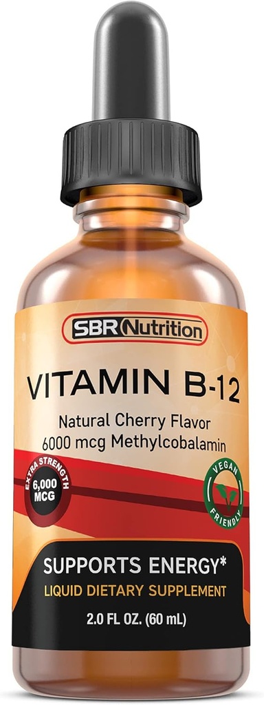 SBR Nutrition Extra Strength 6000mcg Vitamin B12 Sublingual Liquid Drops - Methylcobalamin, VIT B 12 Supports Energy, Max Absorption, 60 Servings, Non-GMO, Vegan Friendly, Manufactured in The USA