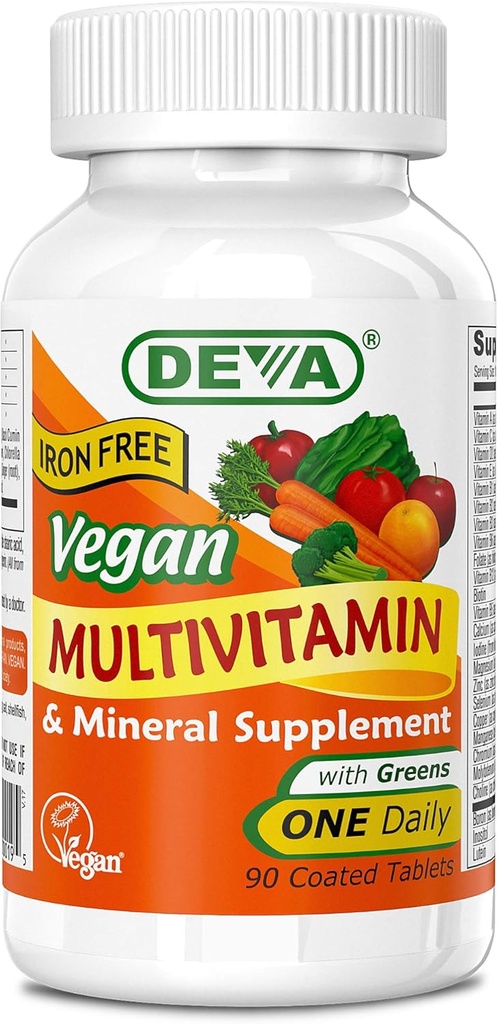 DEVA Vegan Multivitamin and Mineral Supplement - One Daily Vitamin Formula with Greens - Iron Free - 90 Coated Tablets, 1-Pack