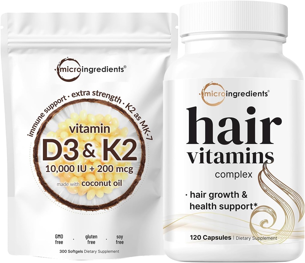 Micro Ingredients Vitamin D3 10,000iu + K2 200mcg Coconut Oil Softgels & Hair Vitamins Complex Capsules Bundle 2 Pack | Essential Sunshine Vitamins | 14-in-1 Advanced Hair Growth Support