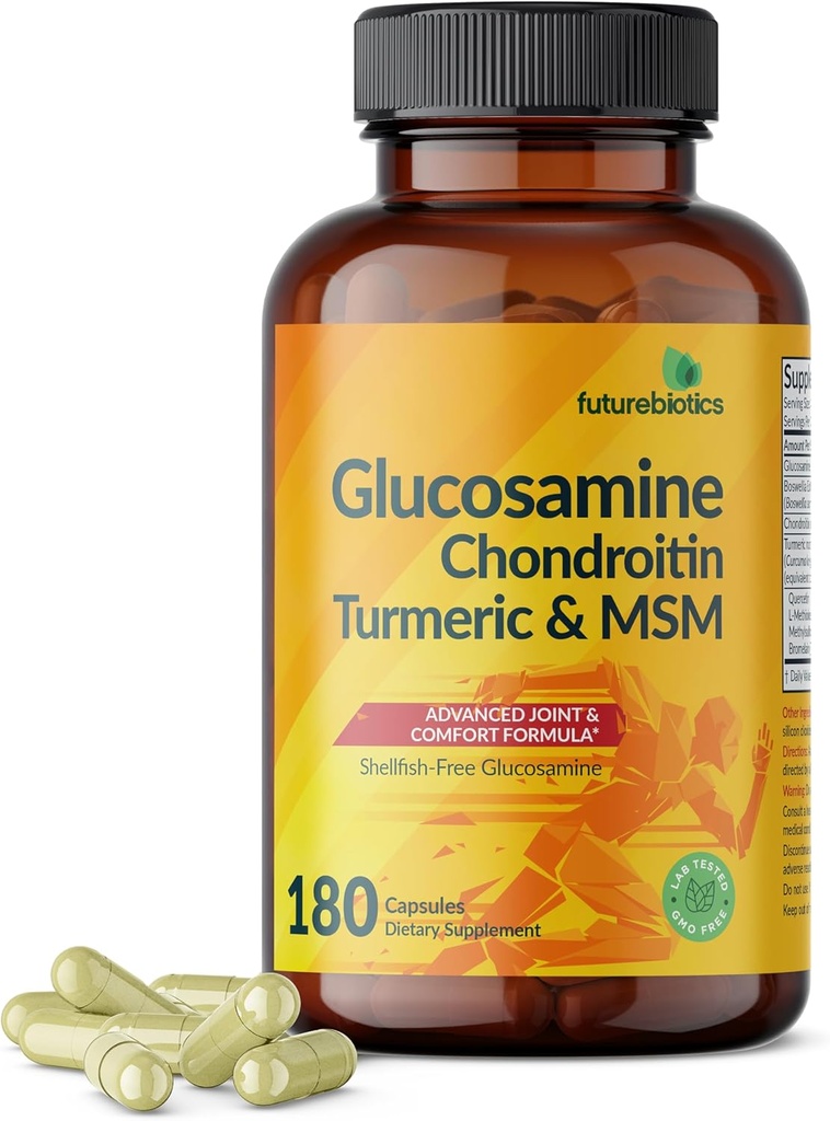 Futurebiotics Glucosamine Chondroitin Turmeric & MSM Advanced Joint Formula, Supports Healthy Joints & Mobility - Non-GMO, 180 Capsules