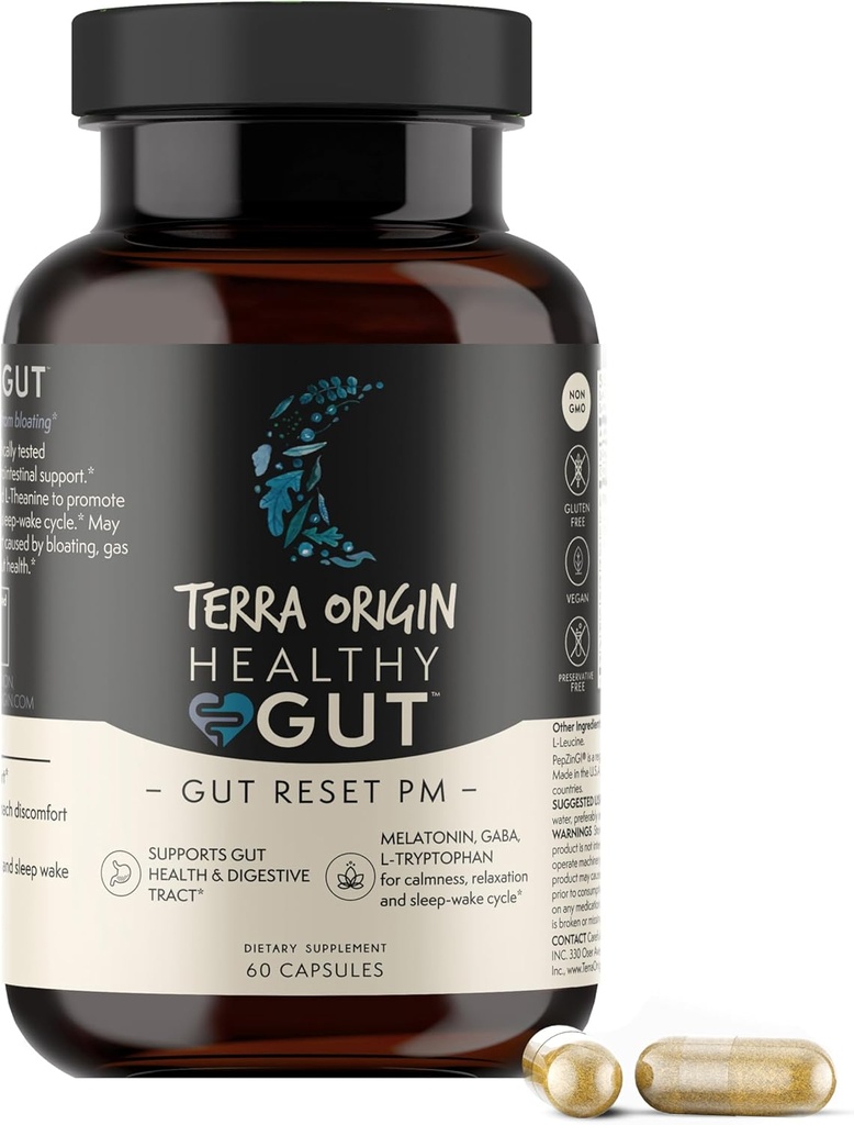TERRA ORIGIN Healthy Gut Reset PM | 60 Veggie Capsules | Natural Sleep Aid Supplement for Sleep & Wake Cycles | GABA, L-Theanine, Melatonin, L-Glutamine, Licorice Root, Slippery Elm Root