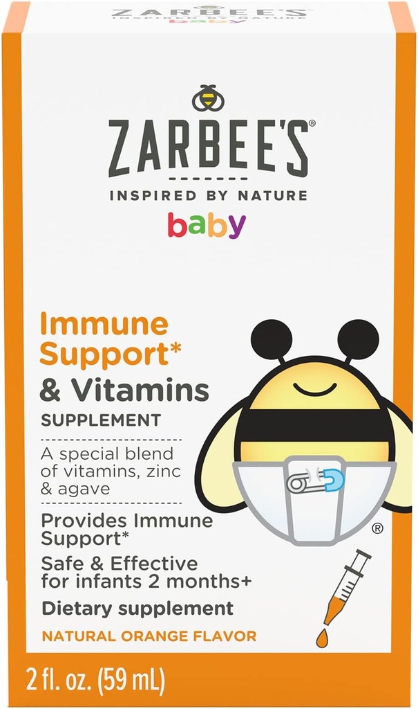 Zarbee's Baby Immune Support* & Vitamins Supplement with a Special Blend of Vitamins, Zinc, and Agave, Natural Orange Flavor, 2 Fl. Ounces (1 Box)